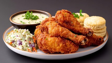 A plate of fried chicken with sides of coleslaw and biscuits.