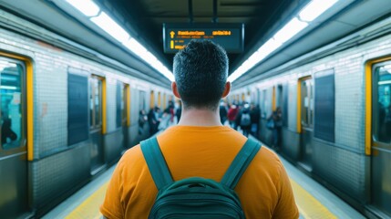 A man with a backpack stands patiently at a bustling train station ready for his journey in a vibrant urban setting