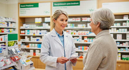Pharmacist, woman and senior patient in pharmacy for consultation or health care. Doctor, mature and caucasian person with prescription advice and medicine in drugstore for wellness or service