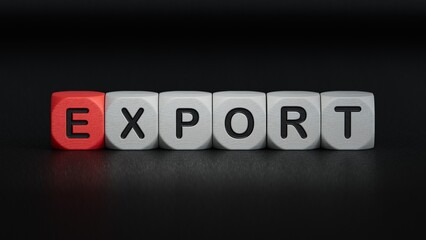 wooden cube block with EXPORT business word.close up of wooden elements,Business Concept.3D rendering on black background.
