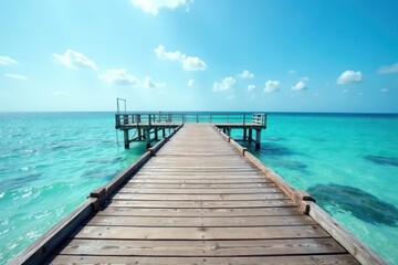 Fototapeta premium Rustic gray wooden pier extends over tranquil blue sea under bright sky , seaside, outdoor, grey