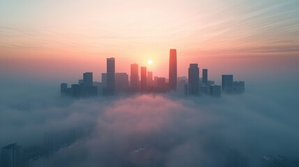 Fototapeta premium Mysterious Cityscape Shrouded in Thick Fog Creating an Enigmatic Atmosphere and Evoking a Sense of Intrigue and Wonder