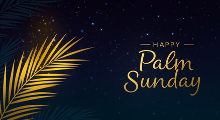 Palm Sunday, banner and religion with gold leaves for catholic christian holiday and celebration. Greeting, religious and church event with card, spirituality or faith with festive tradition
