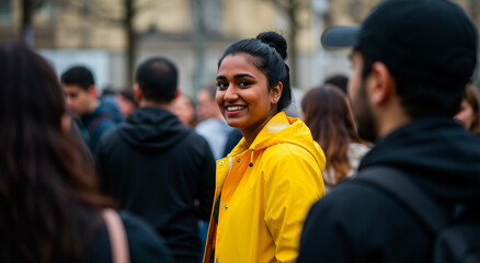 Fototapeta premium Smiling Indian woman, outdoor in crowd with yellow jacket for unique, individuality and diversity. Asian ethnicity, female person and happy with people in city for lifestyle, travel and community