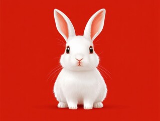 Obraz premium Adorable white rabbit sitting against a red background.