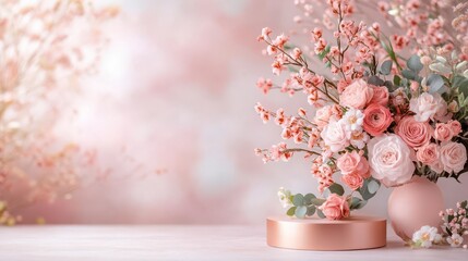 Delicate coral blooms in blush vase, minimalist setting.