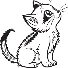 Obraz premium Cute Kitten Looking Up: A charming black and white illustration of a kitten with big eyes and a fluffy tail, looking up