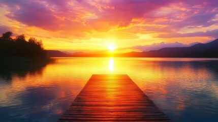 Lake sunset colorful stillness concept. Vibrant sunset over a tranquil lake with a wooden pier.