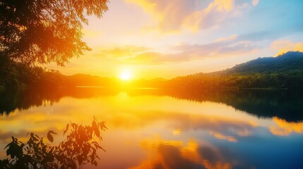 Obraz premium Lake sunset colorful stillness concept. Vibrant sunset reflecting on a tranquil lake surrounded by trees.