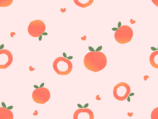 Seamless pattern of peach fruit with green leaves and small hearts on pink background vector. 