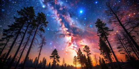 A night sky ablaze with stars and a galactic band, silhouetted by the tall, dark trees of a forest.