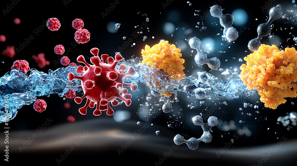 Poster virus and immune response interaction digital art science abstract macro view health concept