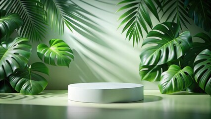 A minimalist circular platform rests amidst a lush backdrop of verdant tropical foliage, bathed in the warm glow of natural sunlight, creating a serene and inviting space for display