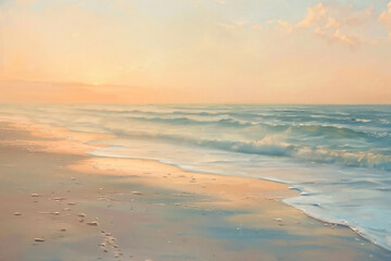 Fototapeta premium Serene ocean waves gently kiss the sandy shore under a pastel sky, evoking calm and tranquility