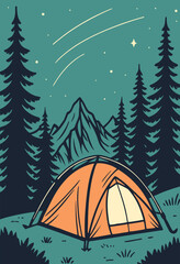 Vector illustration of a camping scene with tent, mountain & trees. Camping vector illustration