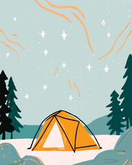 Vector illustration of a camping scene with tent, mountain & trees. Camping vector illustration