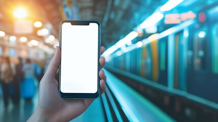 Hand Holding Smartphone Blank Screen Subway Station