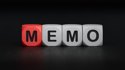 wooden cube block with MEMO business word.close up of wooden elements,Business Concept.3D rendering on black background.