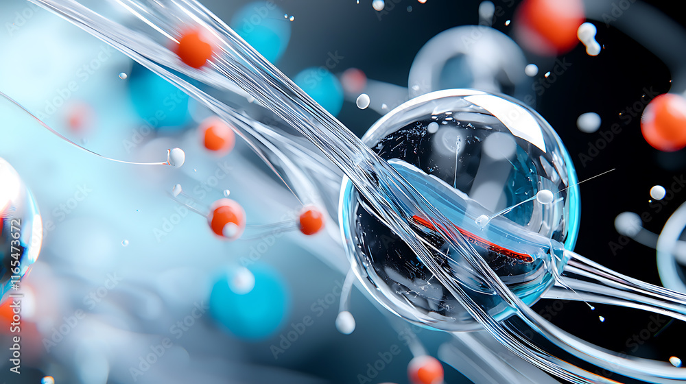 Poster dynamic molecular interaction visualized scientific laboratory abstract art digital environment clos