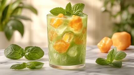 Refreshing Melon Mint Drink with Ice Cubes