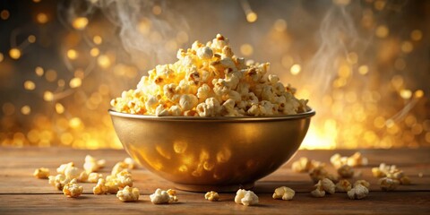 A Bowl of Freshly Popped Popcorn with a Golden Glow and Steam Rising From the Bowl