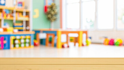Wooden desk on blurred child room or kindergarten interior background