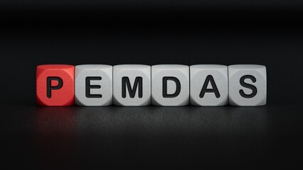 wooden cube block with PEMDAS business word.close up of wooden elements,Business Concept.3D rendering on black background.