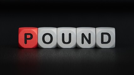 wooden cube block with POUND business word.close up of wooden elements,Business Concept.3D rendering on black background.