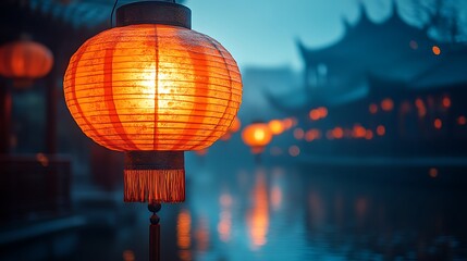 Illuminated Lantern Hanging Near Water and Buildings