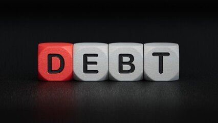DEBT the word on wooden cubes, cubes,business diagram. Business and finance concept.close up of wooden elements.3D rendering on black background