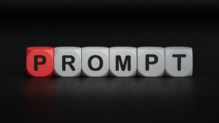 wooden cube block with PROMPT business word.close up of wooden elements,Business Concept.3D rendering on black background.