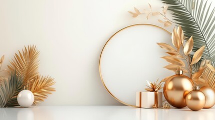 Elegant Gold Christmas Decor: Gift, Ornaments & Tropical Leaves