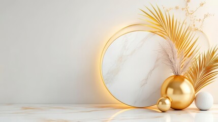 Fototapeta premium Elegant Gold & Marble Still Life: Pampas, Palm, and Spheres