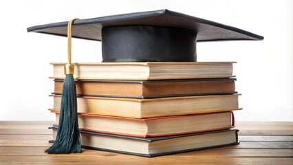 Graduation cap resting atop a stack of books, symbolizing the culmination of academic pursuits and the promise of new beginnings.