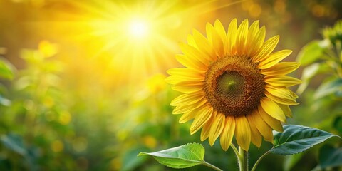 Obraz premium A vibrant sunflower blooms in a field bathed in golden sunlight, its bright yellow petals reaching towards the sun.