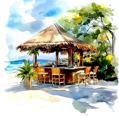 Watercolor Painting of a Beachfront Tiki Bar with Ocean View.