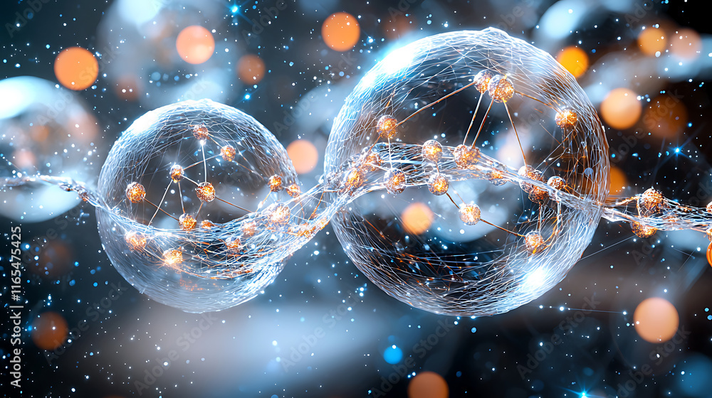 Poster exploring quantum mechanics molecular structures lab environment scientific visualization abstract p