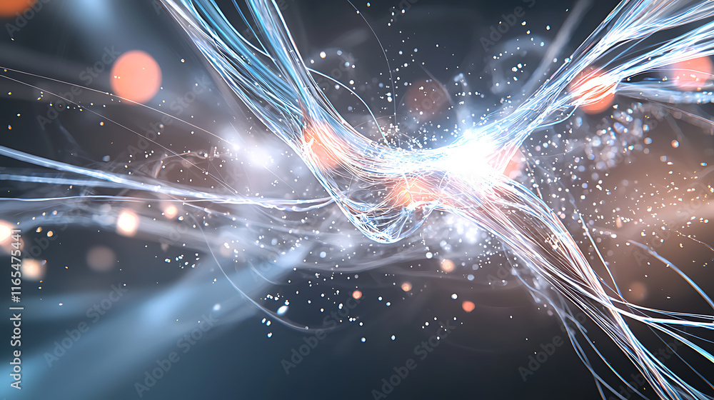 Poster dynamic light trails and particles digital realm abstract visuals high-tech environment close-up vie