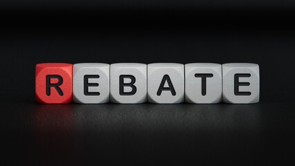 wooden cube block with REBATE business word.close up of wooden elements,Business Concept.3D rendering on black background.