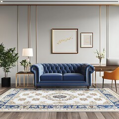 Elegant Blue Velvet Chesterfield Sofa with Ornate Area Rug in Modern Living Room Interior.