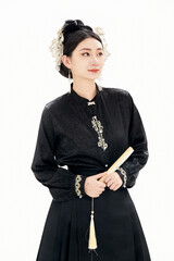 A girl wearing a horse-faced skirt in Ming Dynasty Hanfu costume on a white background