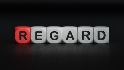 wooden cube block with REGARD business word.close up of wooden elements,Business Concept.3D rendering on black background.
