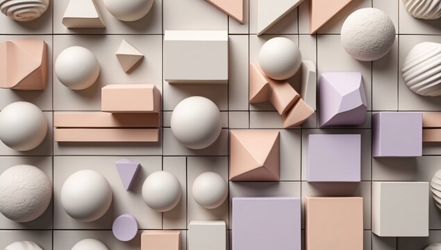 Contemporary geometric patterns blend soft hues and textures in a captivating visual arrangement of shapes on a modern backdrop