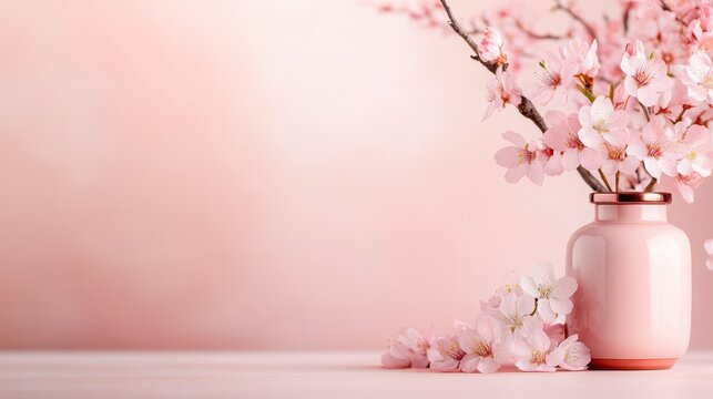 Delicate pink blossoms in a blush vase, a serene spring scene.