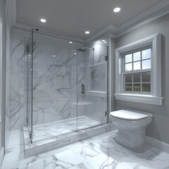  A 3D rendering of a luxury bathroom featuring marble walls, a frameless glass shower, and soft recessed lighting creating a spa-like ambiance.