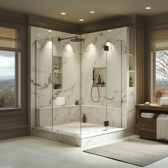  A 3D rendering of a luxury bathroom featuring marble walls, a frameless glass shower, and soft recessed lighting creating a spa-like ambiance