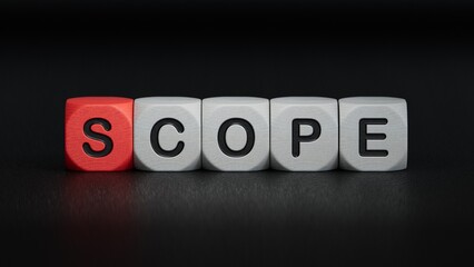 wooden cube block with SCOPE business word.close up of wooden elements,Business Concept.3D rendering on black background.