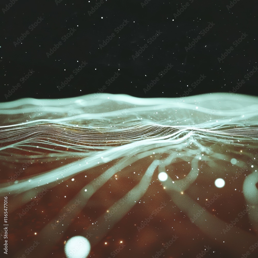 Poster futuristic digital landscape abstract data flow technology network ai lines particle