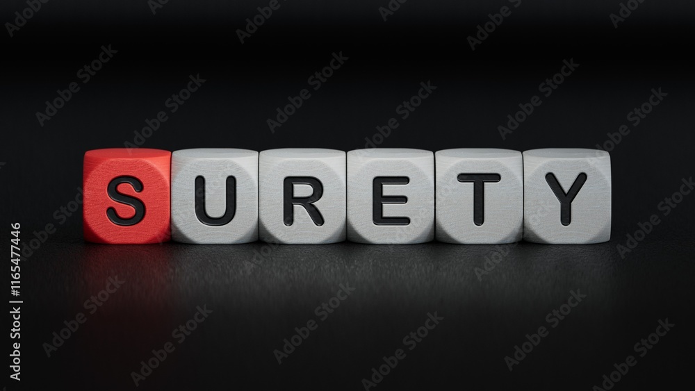 Poster wooden cube block with surety business word.close up of wooden elements,business concept.3d renderin