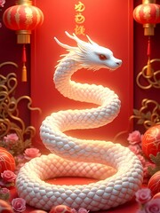 Fototapeta premium Chinese Zodiac White Snake with Red Lanterns and Floral Design Symbolizing Wealth and Prosperity On Lunar Chinese New Year Celebration